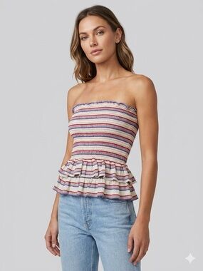 Parker NYC Striped Smocked Strapless Tube Top Ruffle Hem Cream Blue Red XS